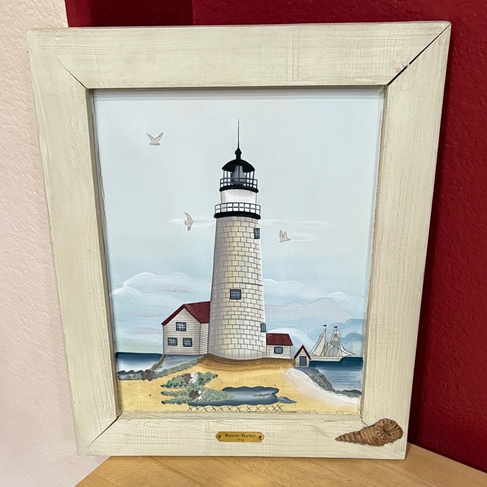 Vintage Lighthouse Framed Painting in with Whitewash Frame